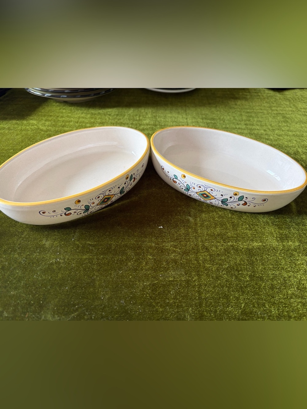 Deruta Hand-Painted Ceramic Oval Serving Bowls with Yellow Trim (Pair)